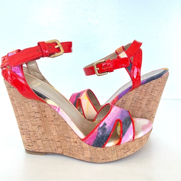 STUART WEITZMAN Orange Patent Leather w Multicolor Canvas Wedge Sandals Sz 9 M - Picture 11 of 11